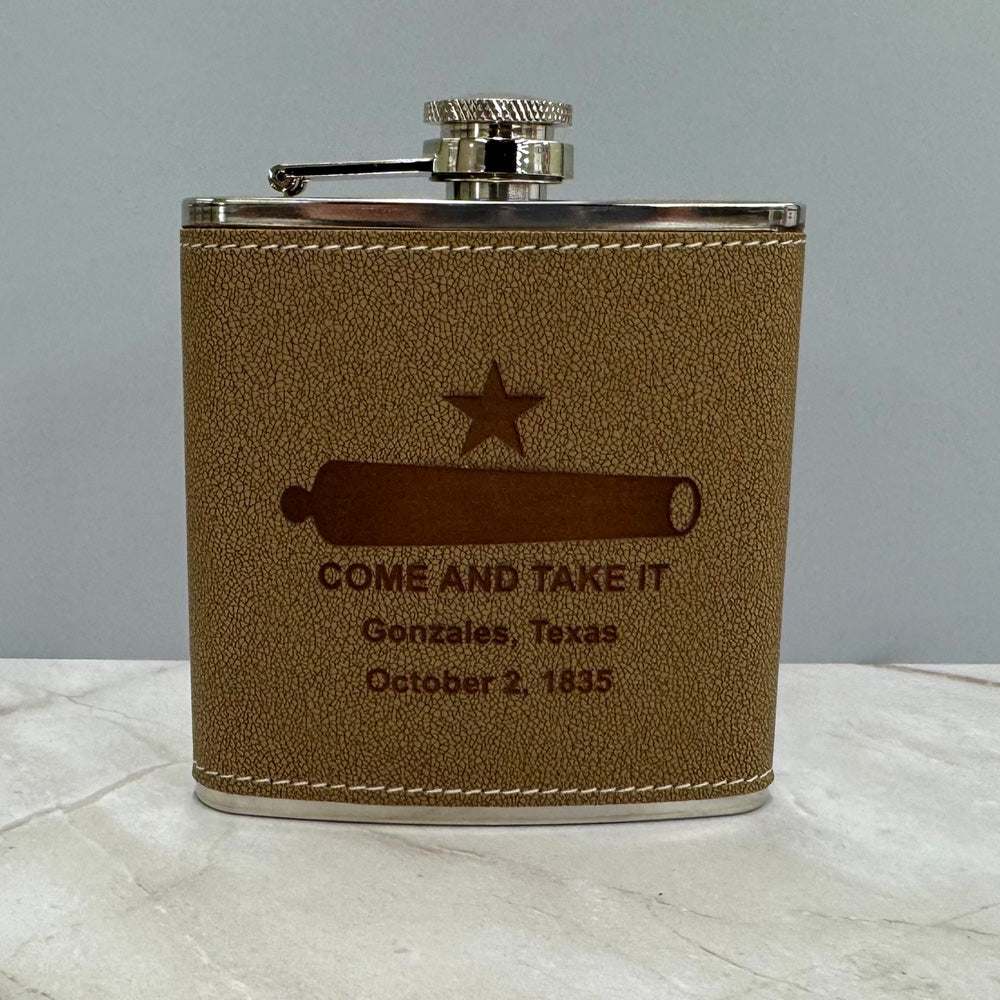 Come and Take It Flask – Stainless Steel Leather-Wrapped 6 oz Flask | Gonzales Texas Souvenir